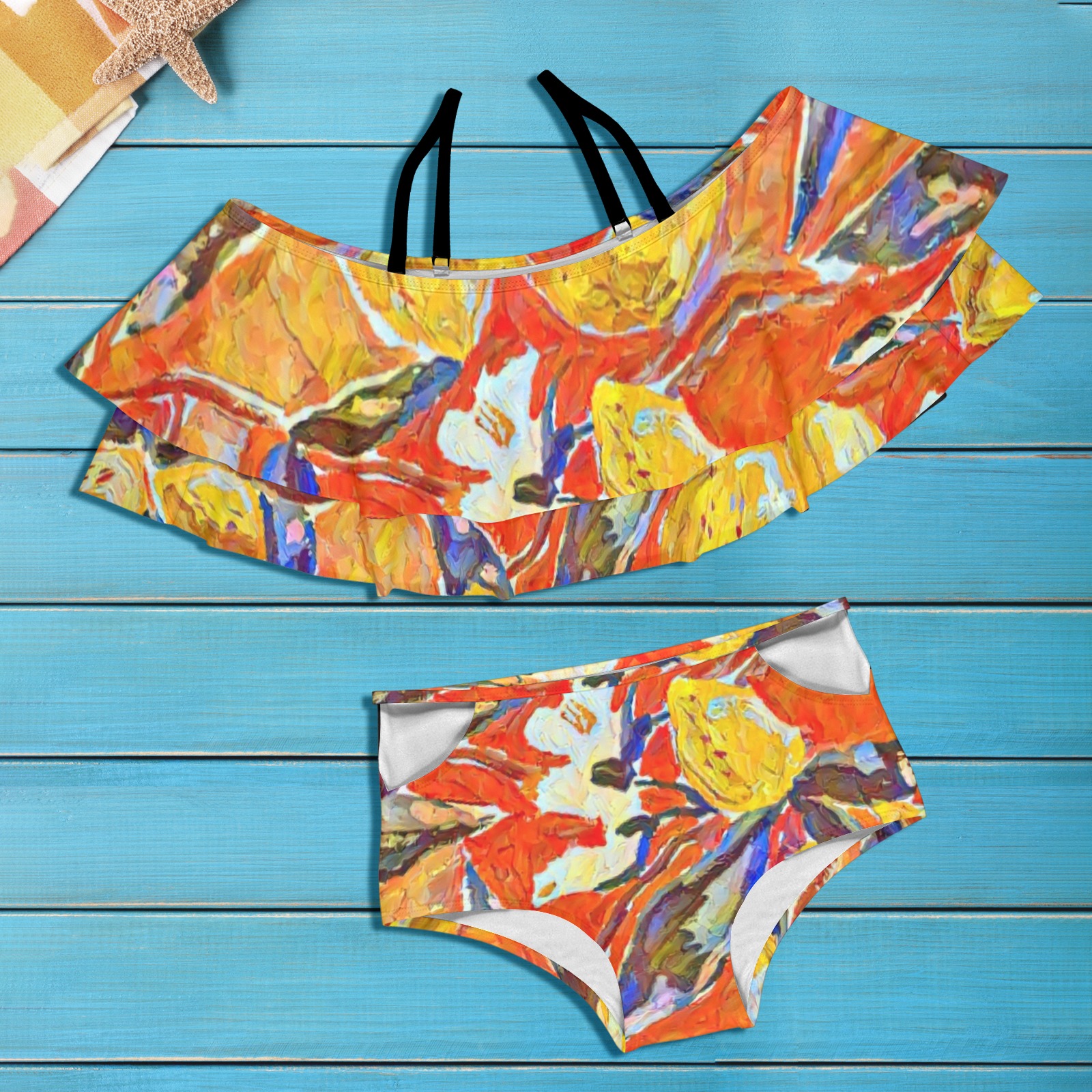 Island Florals Women's Ruffle Off Shoulder Bikini Swimsuit (Model S45)