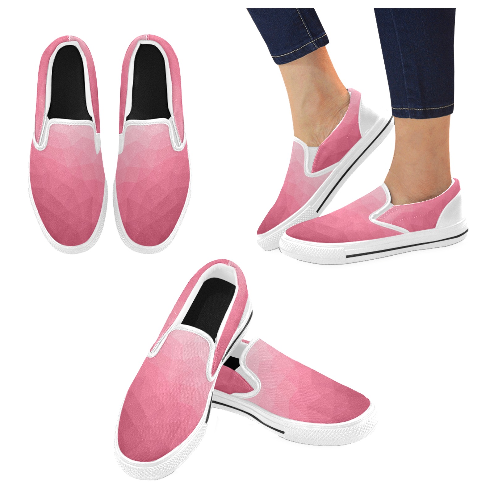 Magenta pink ombre gradient geometric mesh pattern Slip-on Canvas Shoes for Kid (Model 019)