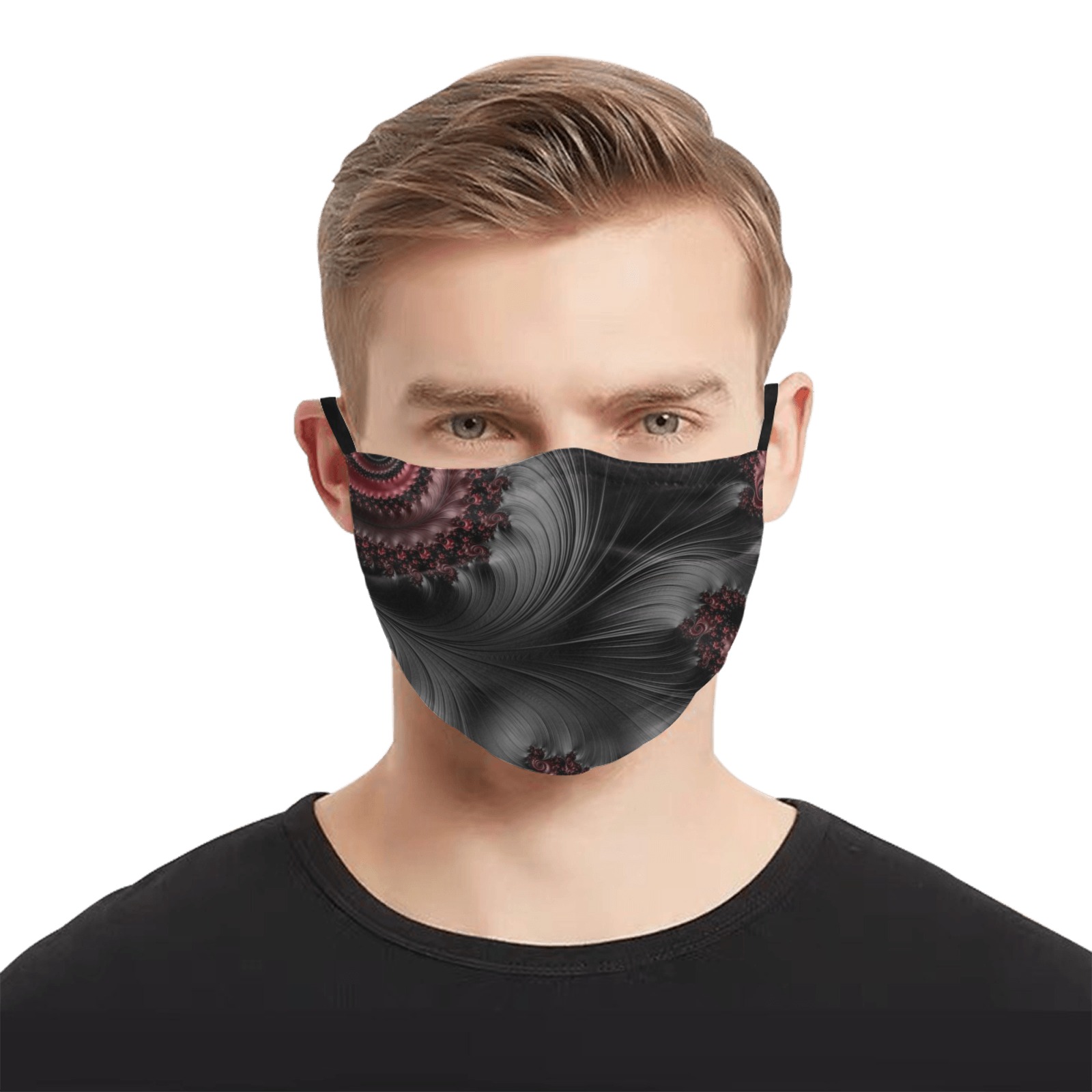 Black and Maroon Fern Fronds Fractal Abstract Pleated Mouth Mask for Adults (Model M08)