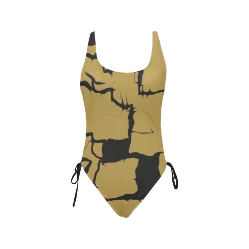 Gold and Black abstract Drawstring Side One-Piece Swimsuit (Model S14)