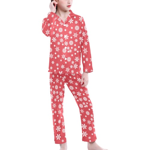 Christmas  White Snowflakes on Red Big Girls' V-Neck Long Pajama Set