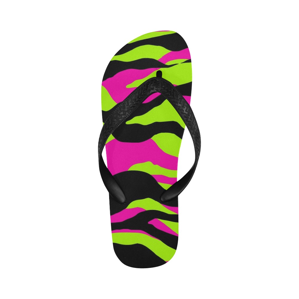 Pink, Neon Green & Black Tiger Stripe Flip Flops Bright Flip Flops Colorful Fun Flip Flops Flip Flops for Men/Women (Model 040)