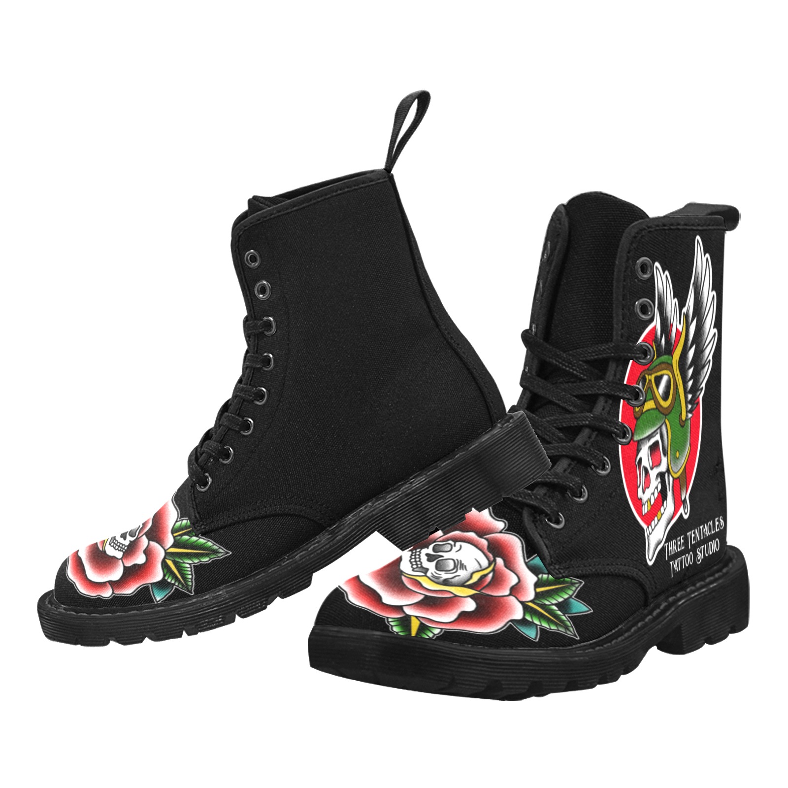 skulls and roses Martin Boots for Women (Black) (Model 1203H)