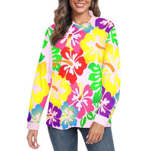 Hibiscus Hawaiian Flowers / Pink Women's Long Sleeve Polo Shirt (Model T73)