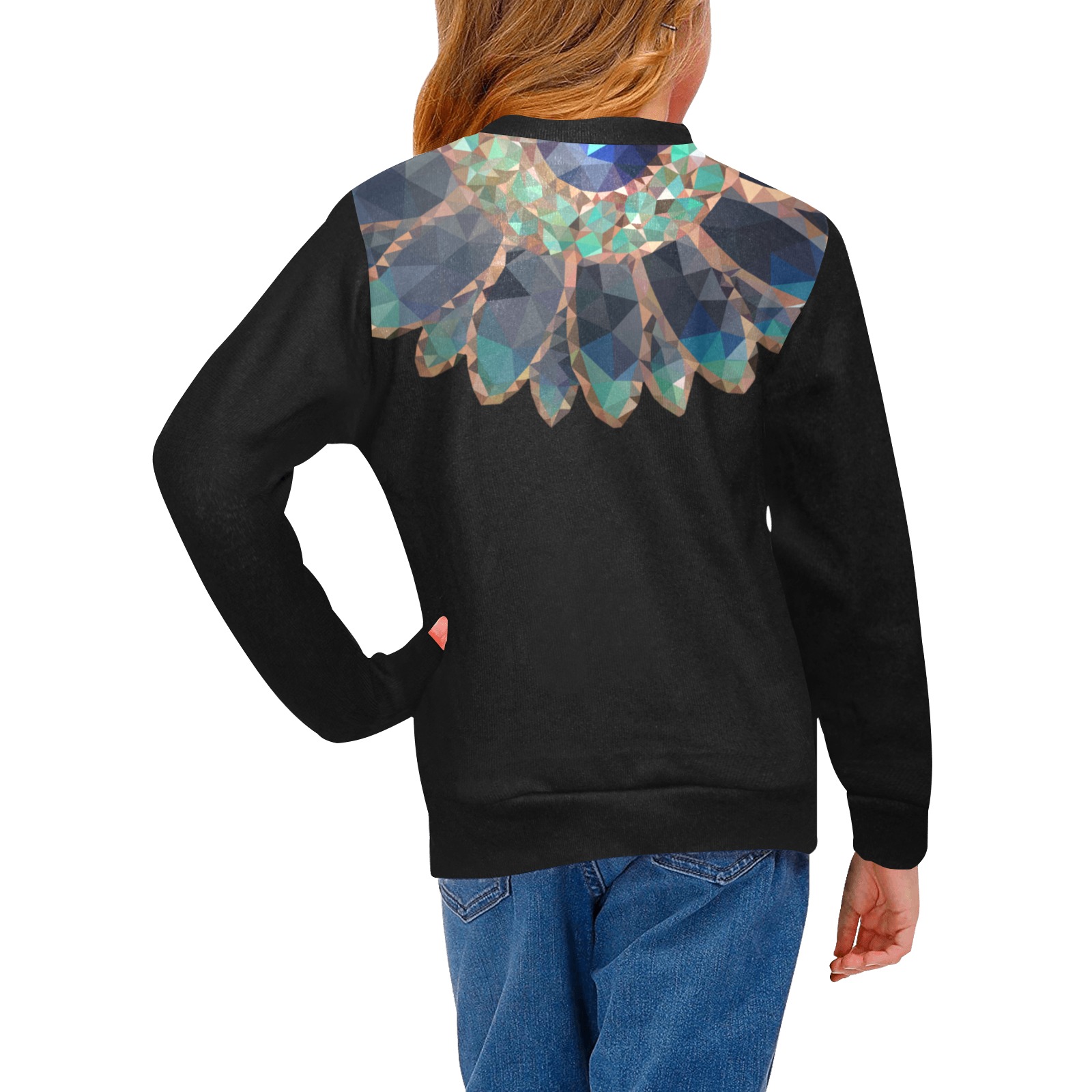 Mosaik Flower Blue and Green Abstract Floral Girls' All Over Print Crew Neck Sweater (Model H49)