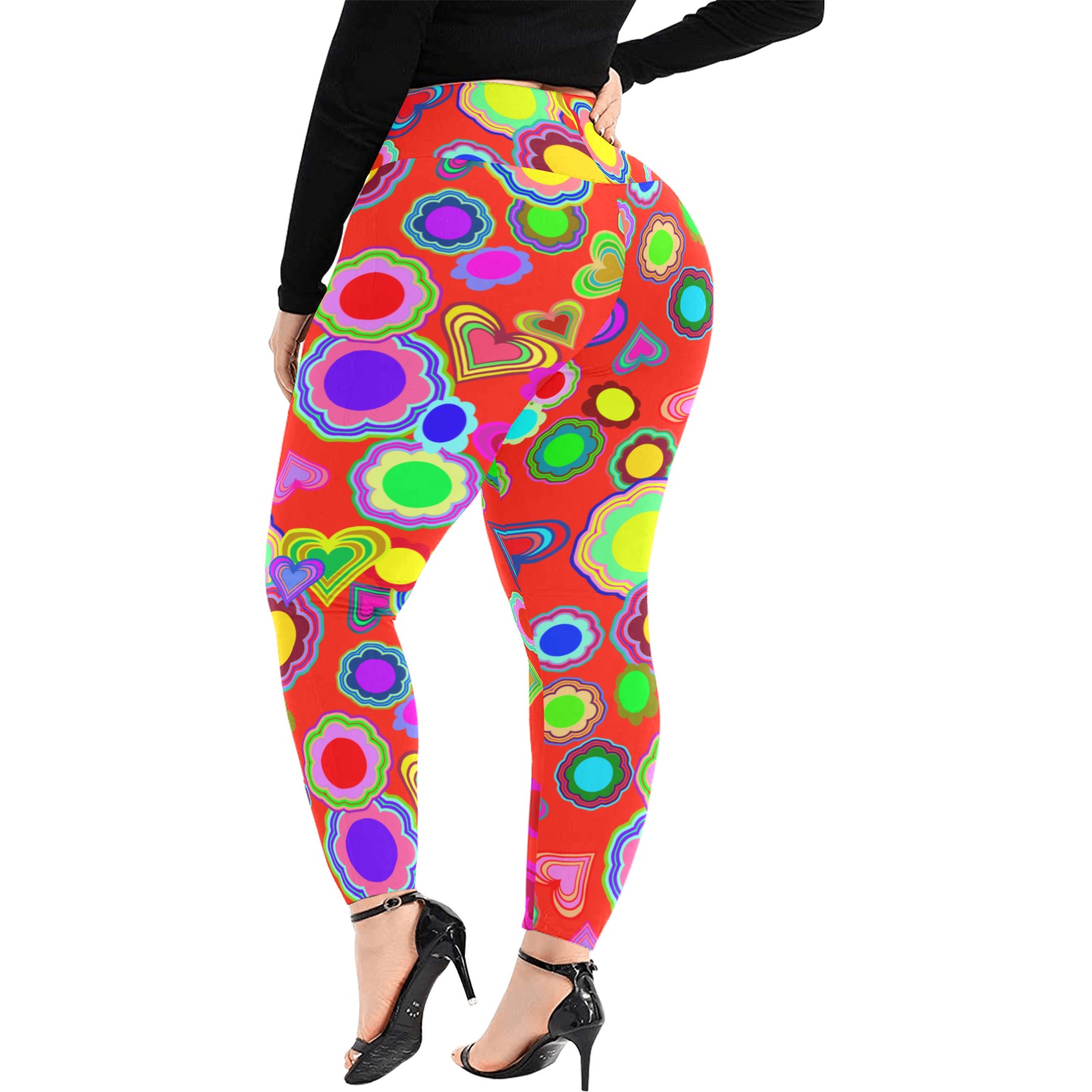 Groovy Hearts and Flowers Red Women's Extra Plus Size High Waist Leggings (Model L45)