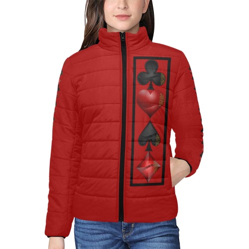 Black and Red Playing Card Shapes / Red Women's Stand Collar Padded Jacket (Model H41)