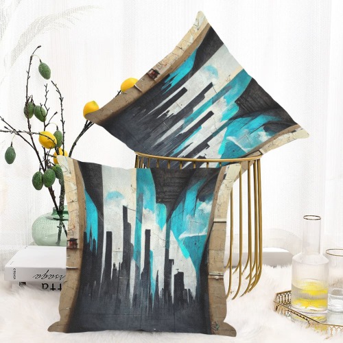 graffiti buildings black white and turquoise 1 Linen Zippered Pillowcase 18"x18"(One Side&Pack of 2)