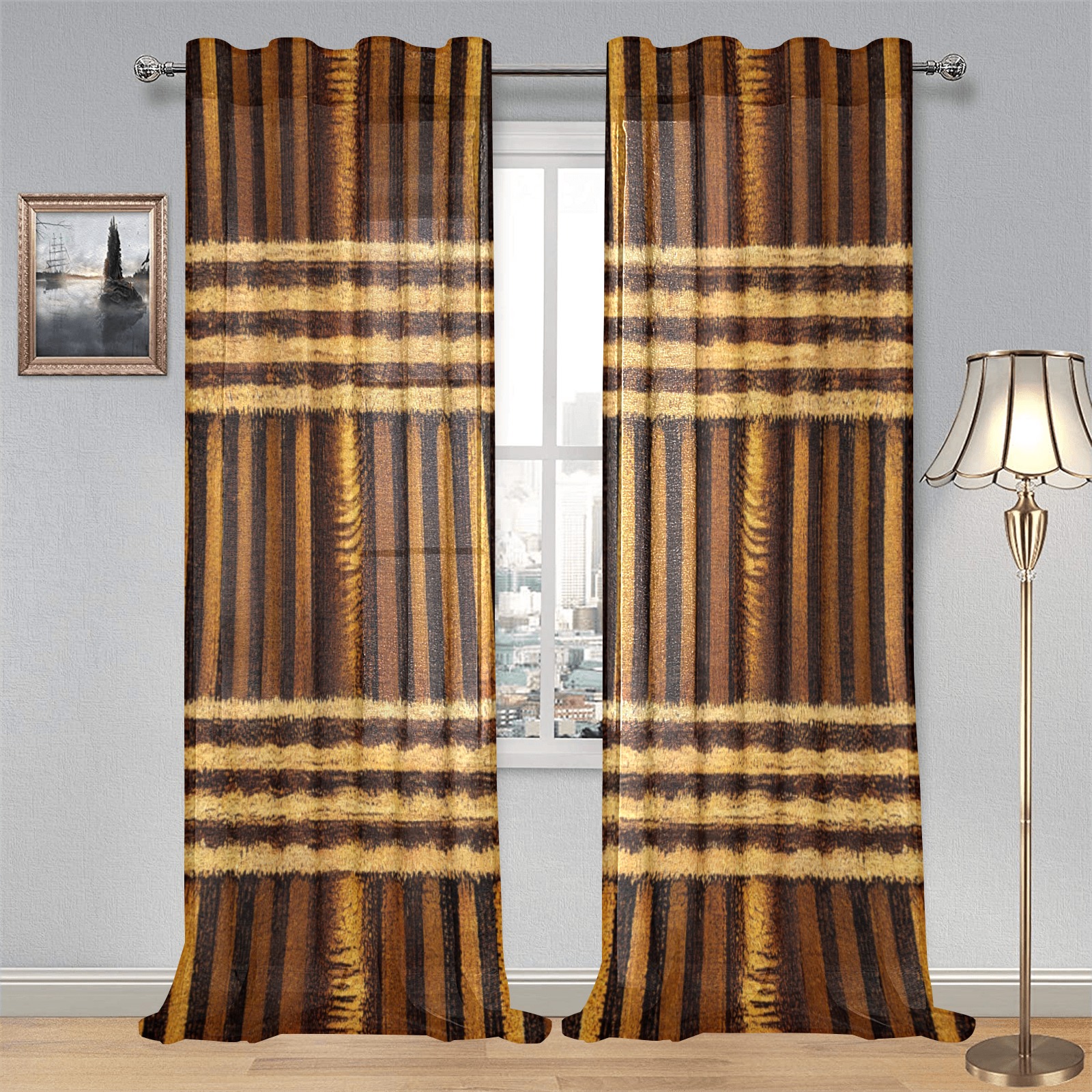 gold and brown striped pattern Gauze Curtain 28"x95" (Two-Piece)