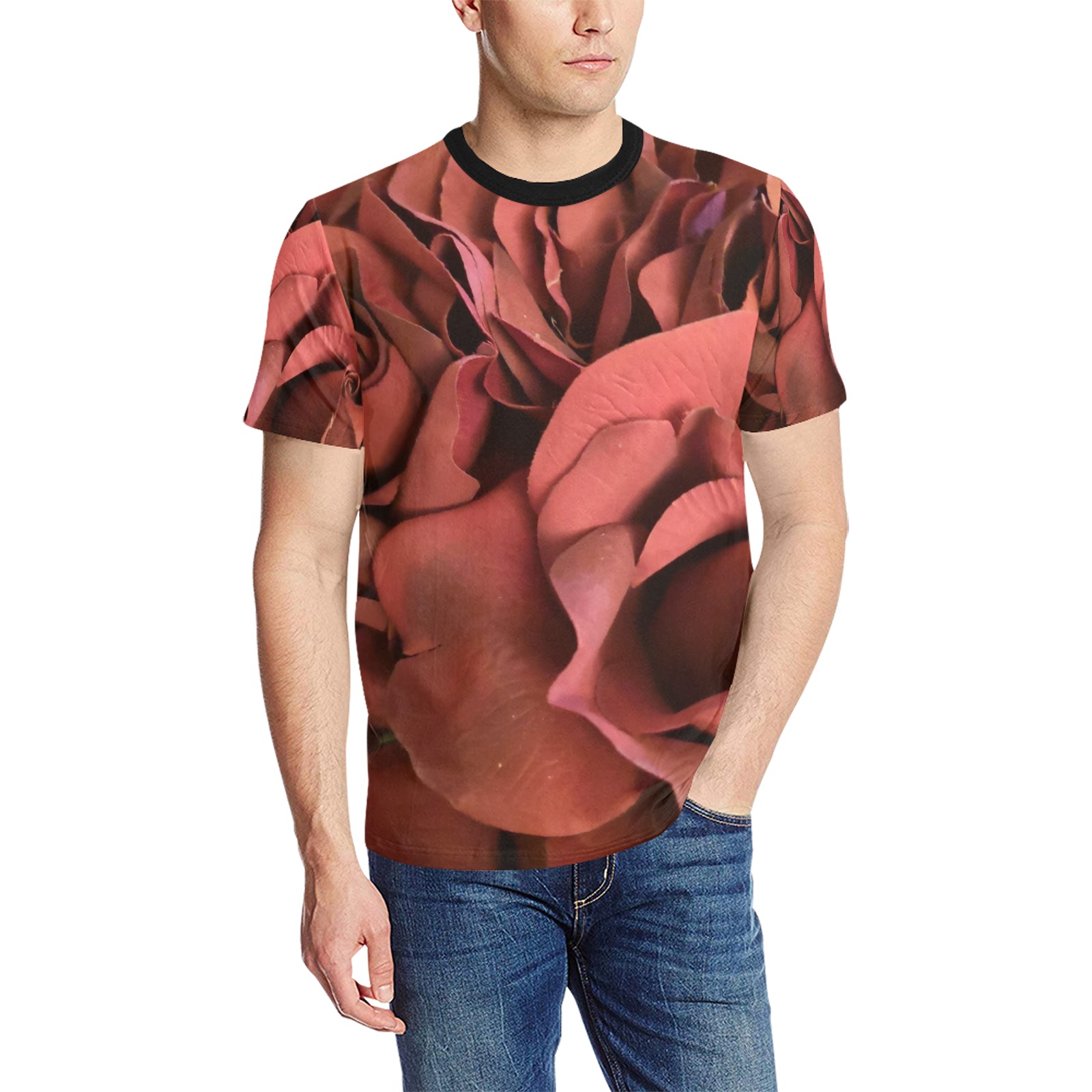 red roses Men's All Over Print T-Shirt (Solid Color Neck) (Model T63)