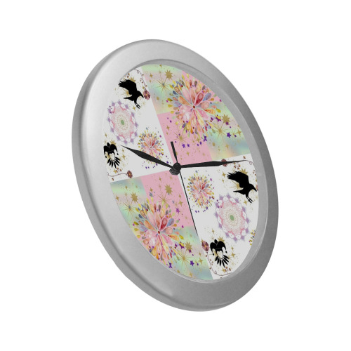 Secret Garden With Harlequin and Crow Patch Artwork Silver Color Wall Clock