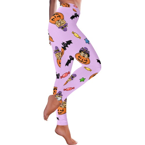 Pomeranian Halloween Purple Pattern Women's Low Rise Leggings (Invisible Stitch) (Model L05)