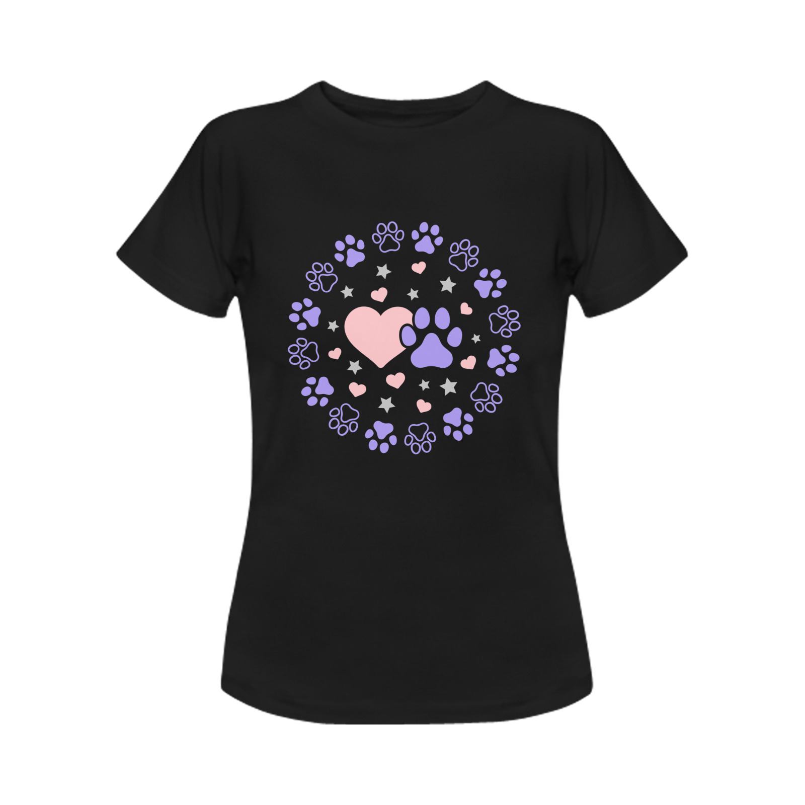 Pink and Purple Dog Cat Pet Lovers Hearts and Stars Paw Print Design Women's T-Shirt in USA Size (Front Printing Only)
