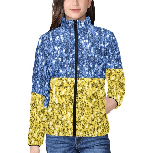 Blue yellow Ukraine flag glitter faux sparkles Women's Stand Collar Padded Jacket (Model H41)