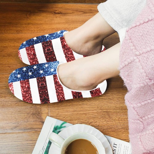 Sparkly USA flag America Red White Blue faux Sparkles patriotic bling 4th of July Women's Non-Slip Cotton Slippers (Model 0602)