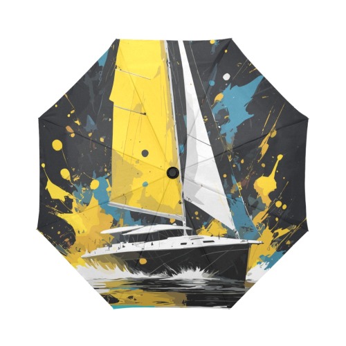 Fantasy sail boat. Yellow, turquoise, white, black Auto-Foldable Umbrella (Model U04)