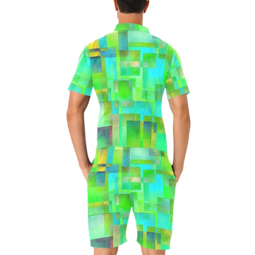 cubes green Men's Short Sleeve Jumpsuit