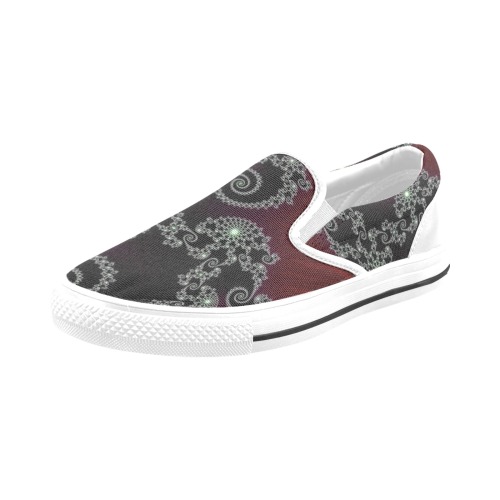 Black and White Lace on Maroon Velvet Fractal Abstract Slip-on Canvas Shoes for Kid (Model 019)