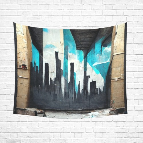 graffiti buildings black white and turquoise 1 Cotton Linen Wall Tapestry 60"x 51"