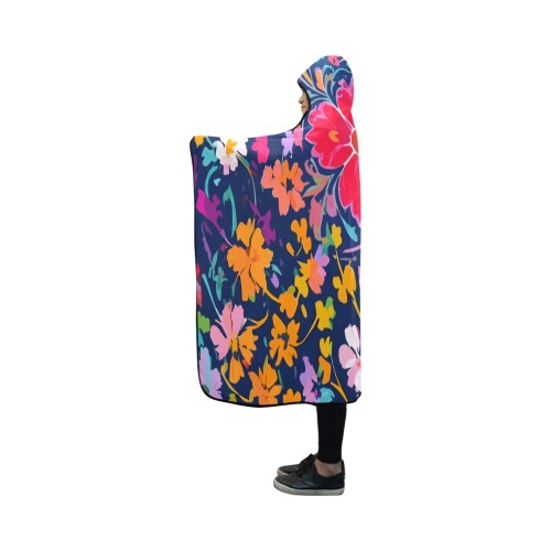 Chraming pattern of colorful flowers on navy blue. Hooded Blanket 50''x40''
