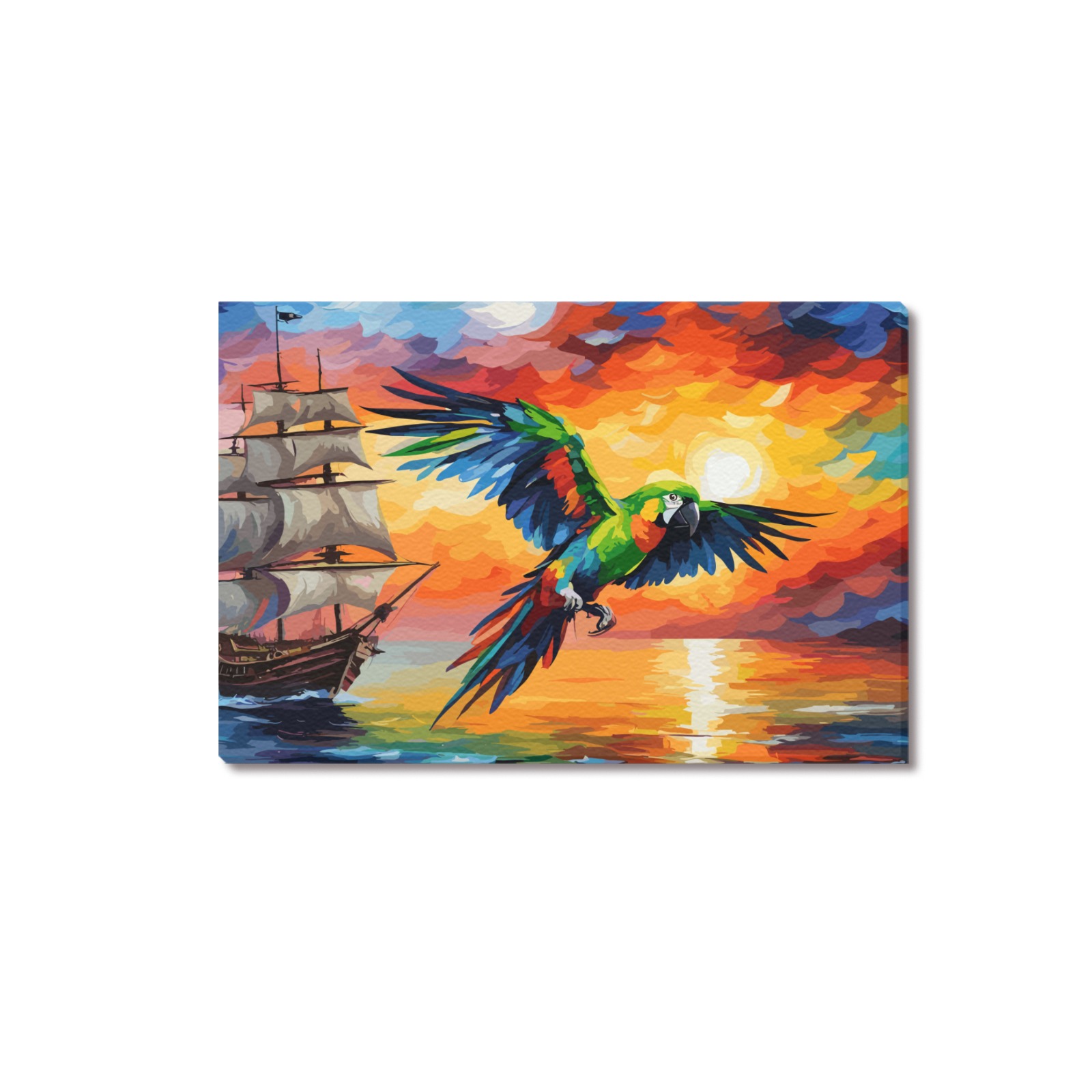 A parrot and a pirate ship. Dramatic ocean sunset. Upgraded Canvas Print 18"x12"