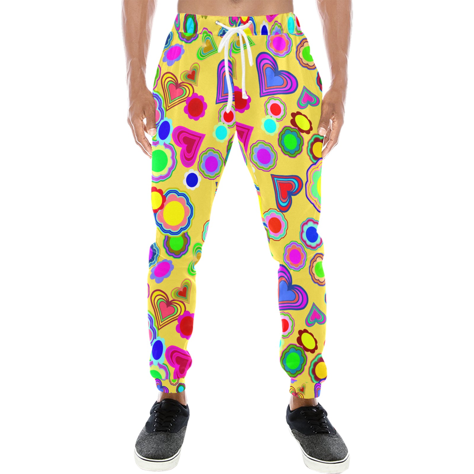 Groovy Hearts and Flowers Yellow Unisex Casual Sweatpants (Model L11)