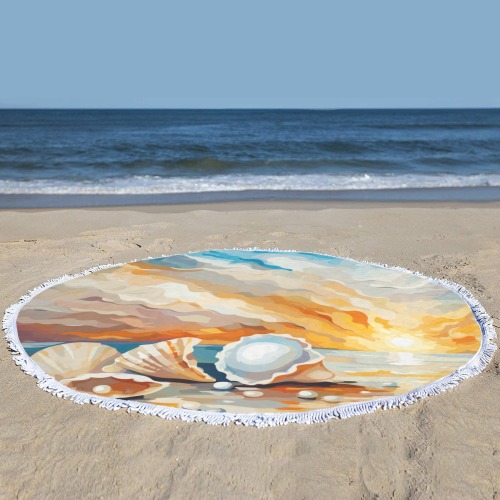 Conches, pearls, sand, ocean sunrise colorful art. Circular Beach Shawl Towel 59"x 59"