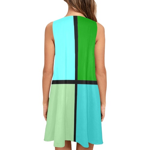 Beachy Blue and Green Squares Sleeveless A-Line Pocket Dress (Model D57)