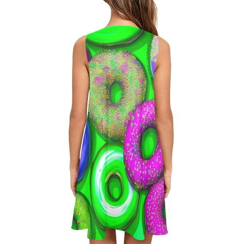 Colorful Donuts Green Sleeveless A-Line Pocket Dress (Model D57)