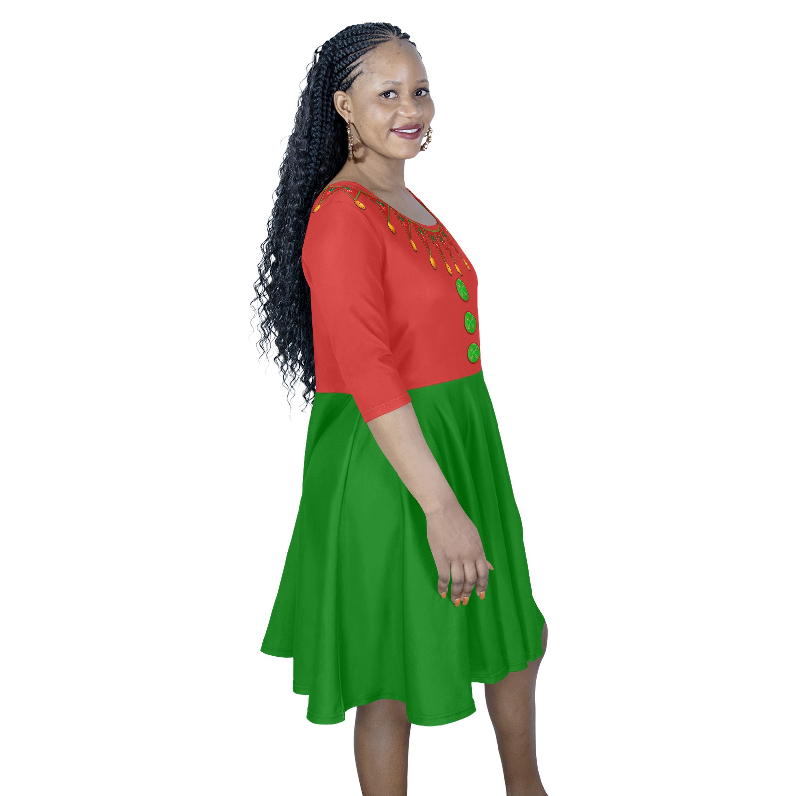 Red Green Elf Costume Half Sleeve Skater Dress (Model D61)