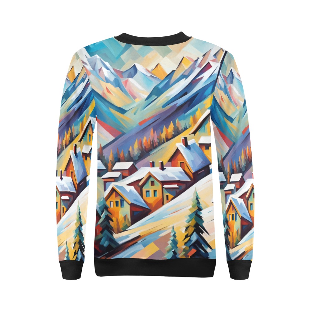 Fantasy mountain village skiing destination art All Over Print Crewneck Sweatshirt for Women (Model H18)
