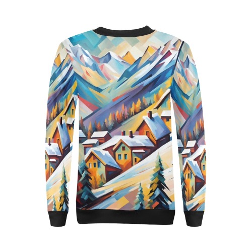 Fantasy mountain village skiing destination art All Over Print Crewneck Sweatshirt for Women (Model H18)
