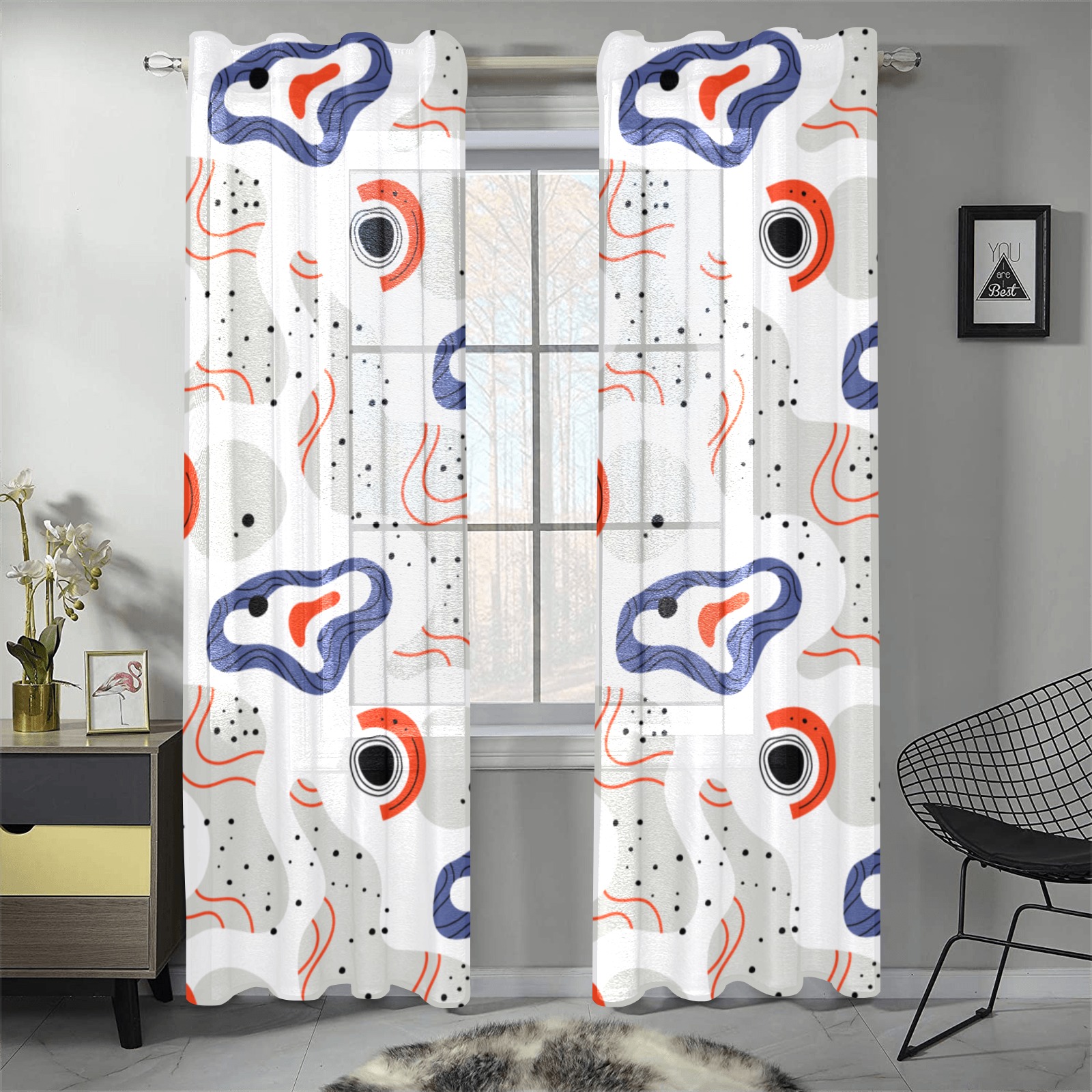 Elegant Abstract Mid Century Pattern Gauze Curtain 28"x84" (Two-Piece)