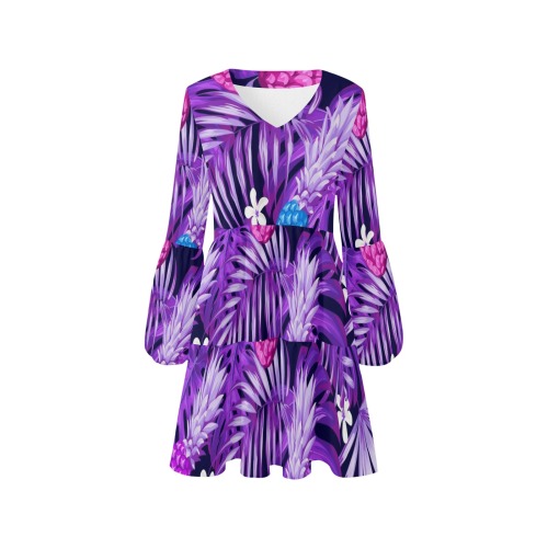 Purple Exotic Tropical V-Neck Loose Fit Dress (Model D62)