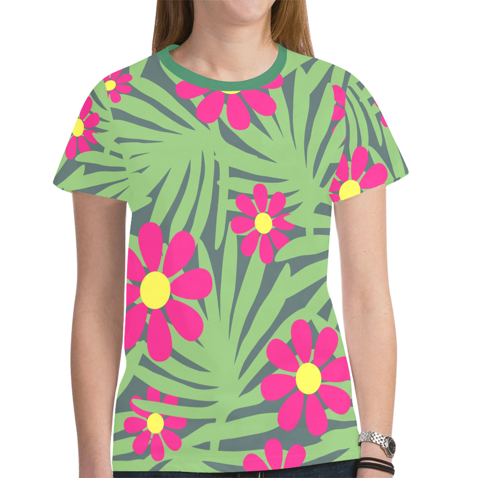 Pink Exotic Paradise Jungle Flowers and Leaves New All Over Print T-shirt for Women (Model T45)