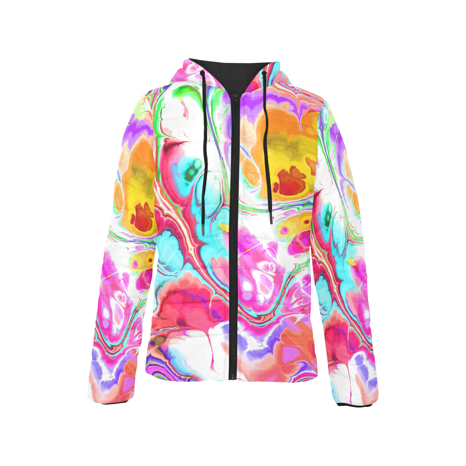 Funky Marble Acrylic Cellular Flowing Liquid Art Women's Padded Hooded Jacket (Model H46)