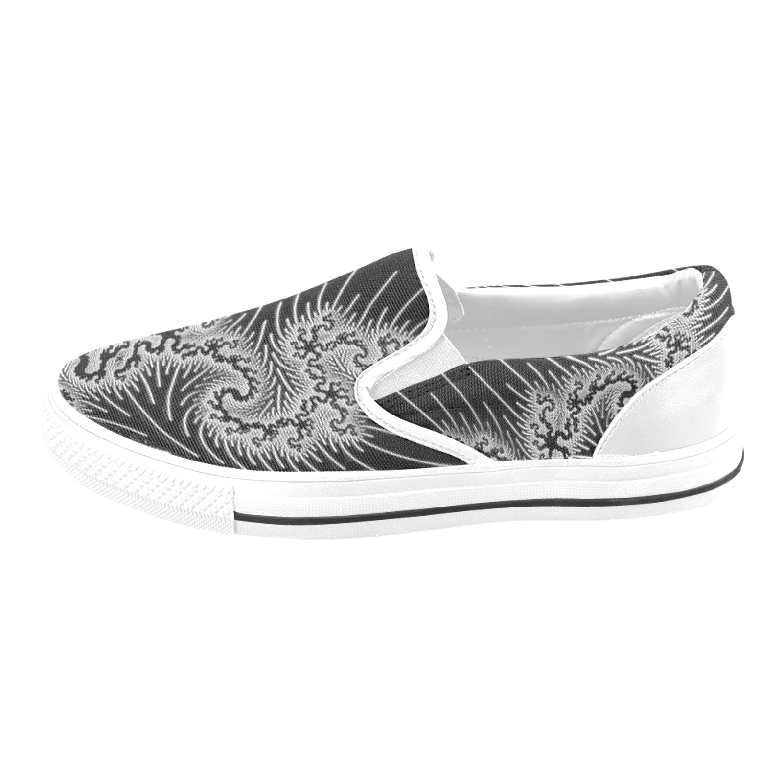 White and Silver Lace on Black Fractal Abstract Slip-on Canvas Shoes for Kid (Model 019)