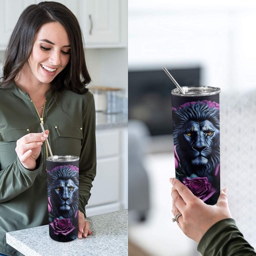 Lion With Purple Roses - 20oz Tall Skinny Tumbler with Lid and Straw