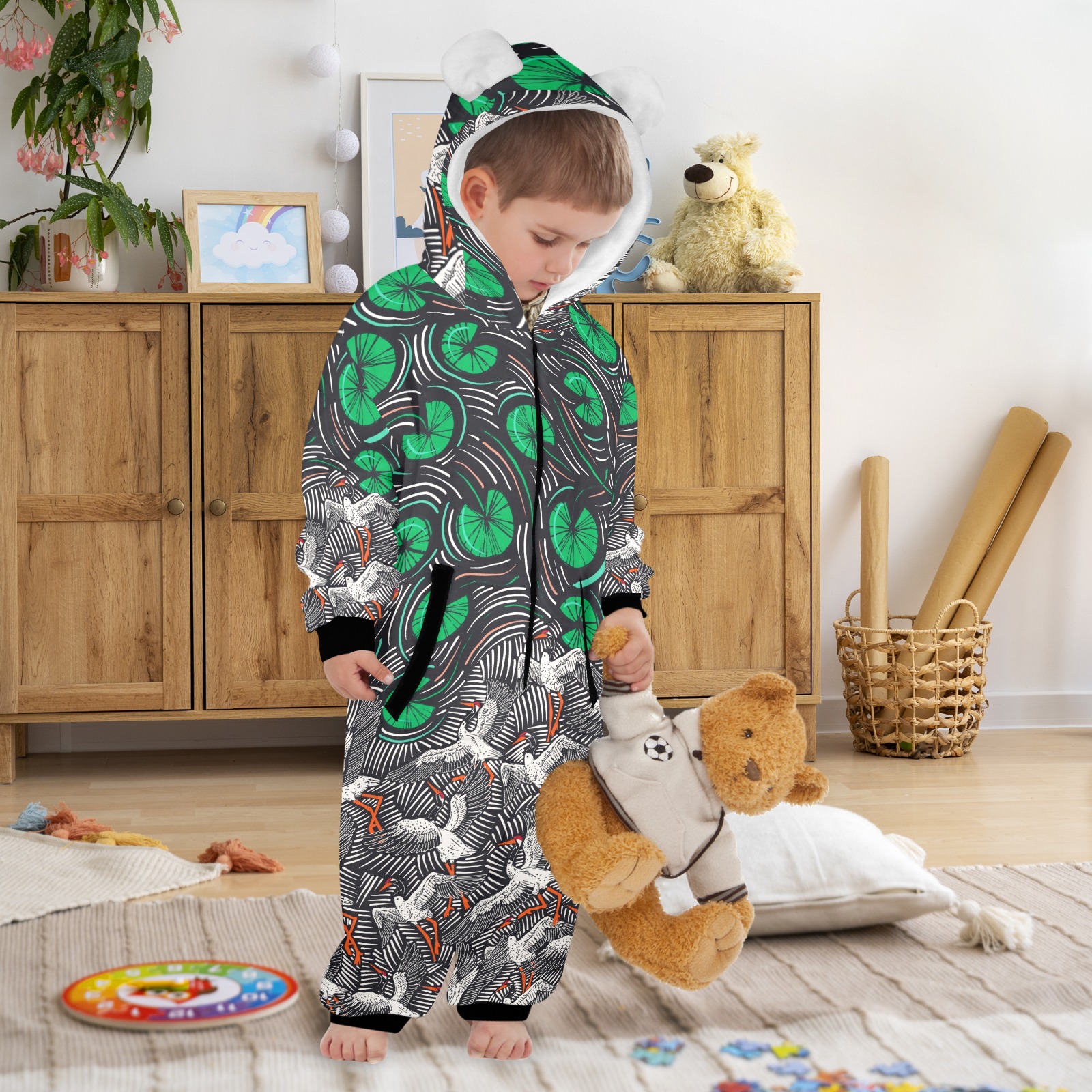 Flying cranes at night One-Piece Zip up Hooded Pajamas for Little Kids