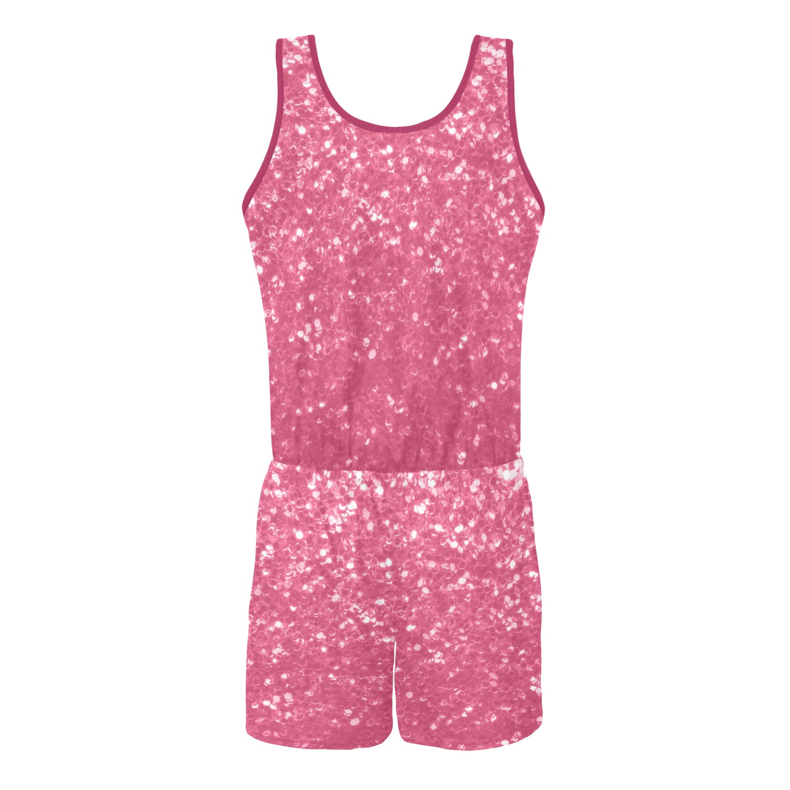 Magenta light pink red faux sparkles glitter All Over Print Vest Short Jumpsuit