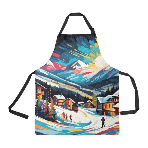 Sunset over the mountain village skiing theme All Over Print Apron