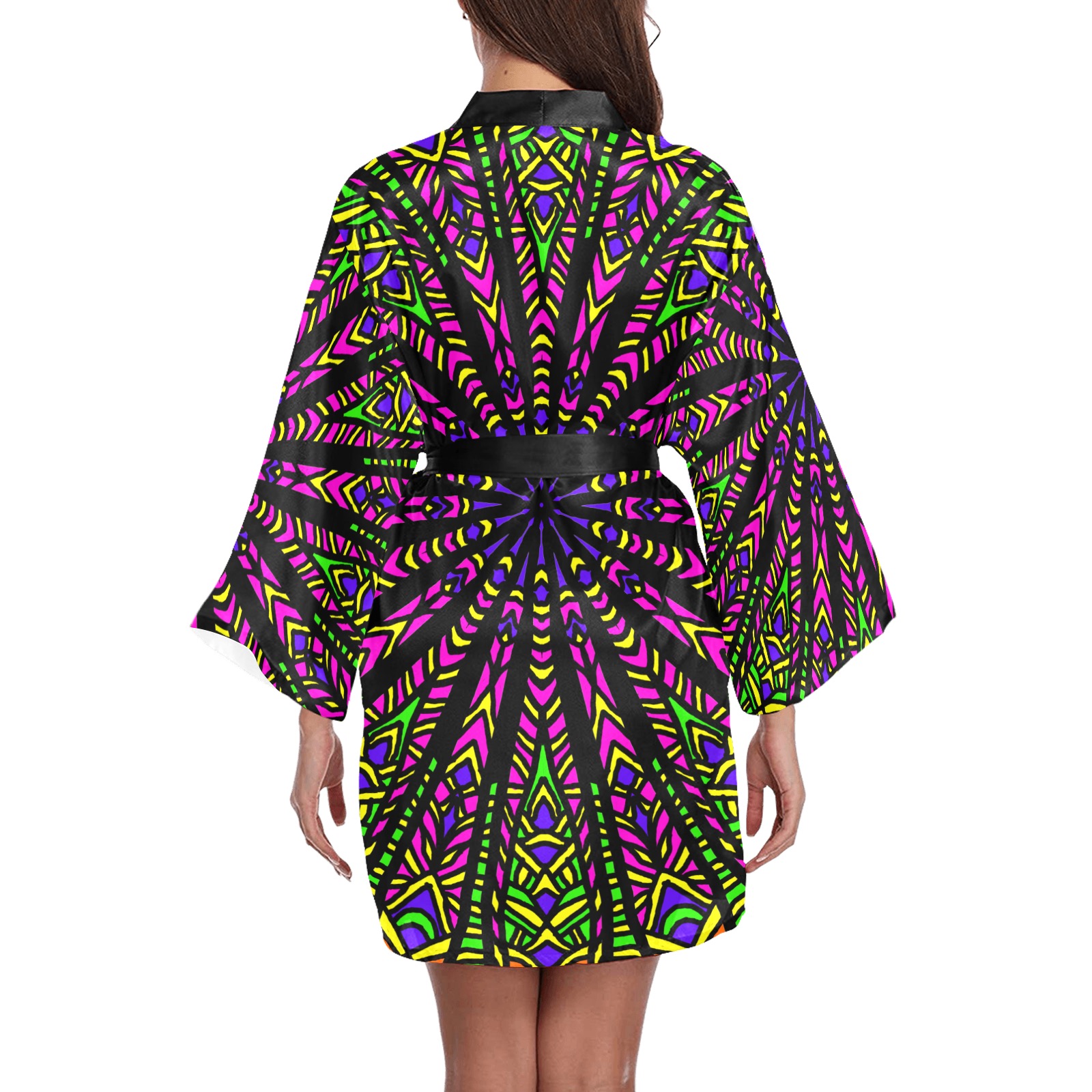 Ô Gypsy Wagon Wheel Mandala on Black Long Sleeve Kimono Robe