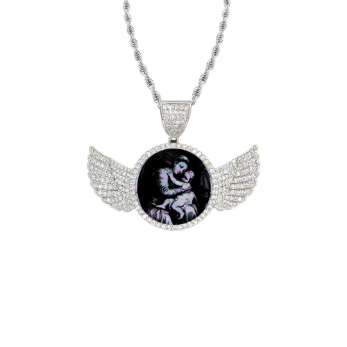 mother mary Wings Silver Photo Pendant with Rope Chain