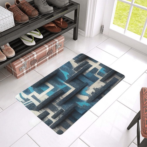 blue, white and black abstract pattern Doormat 24"x16" (Black Base)