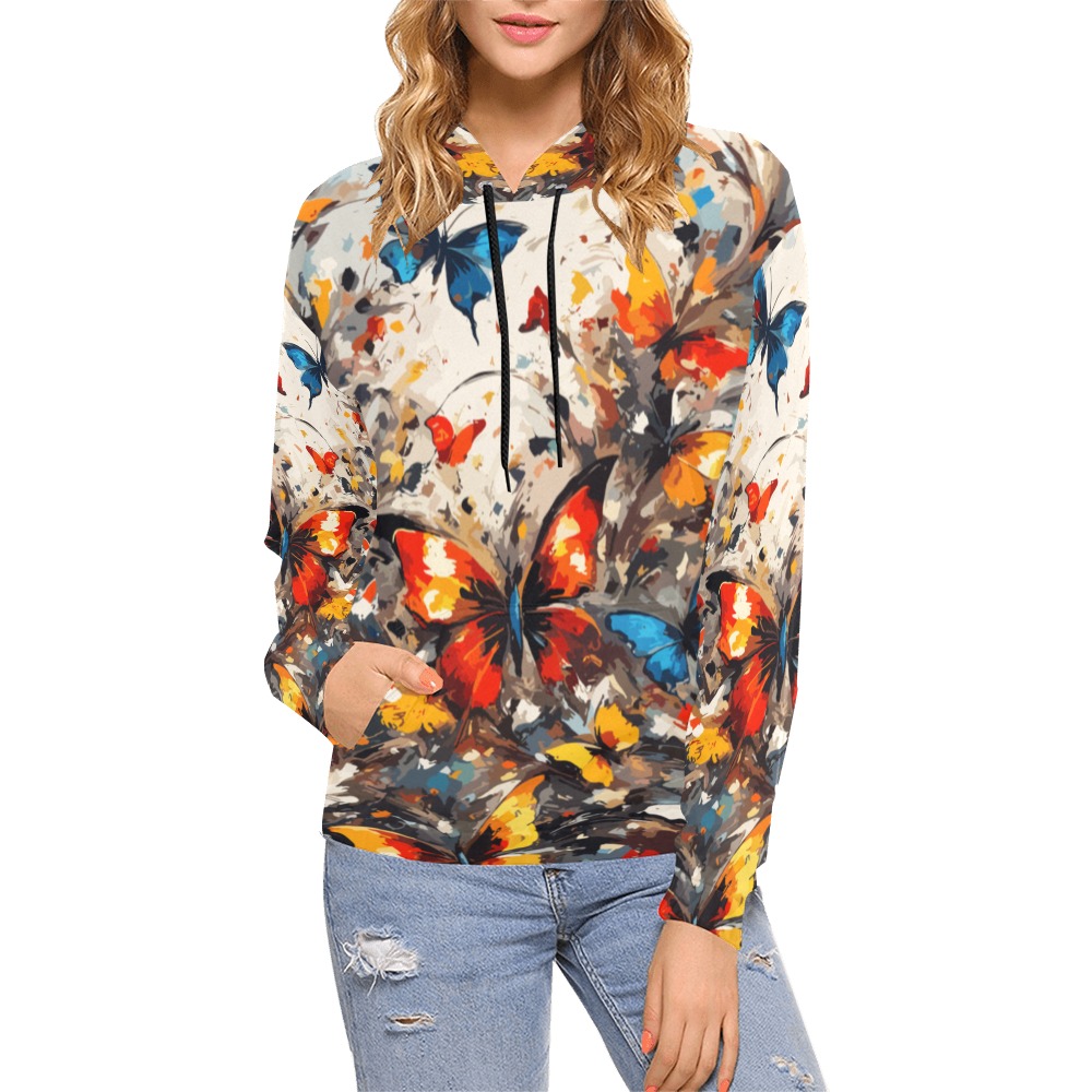 Decorative art of colorful butterflies and flowers All Over Print Hoodie for Women (USA Size) (Model H13)