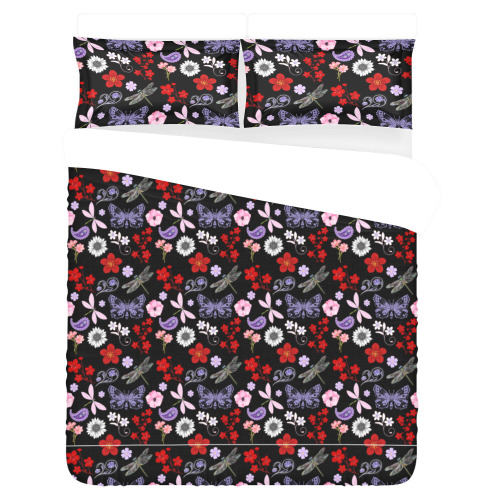 Black, Red, Pink, Purple, Dragonflies, Butterfly and Flowers Design 3-Piece Bedding Set