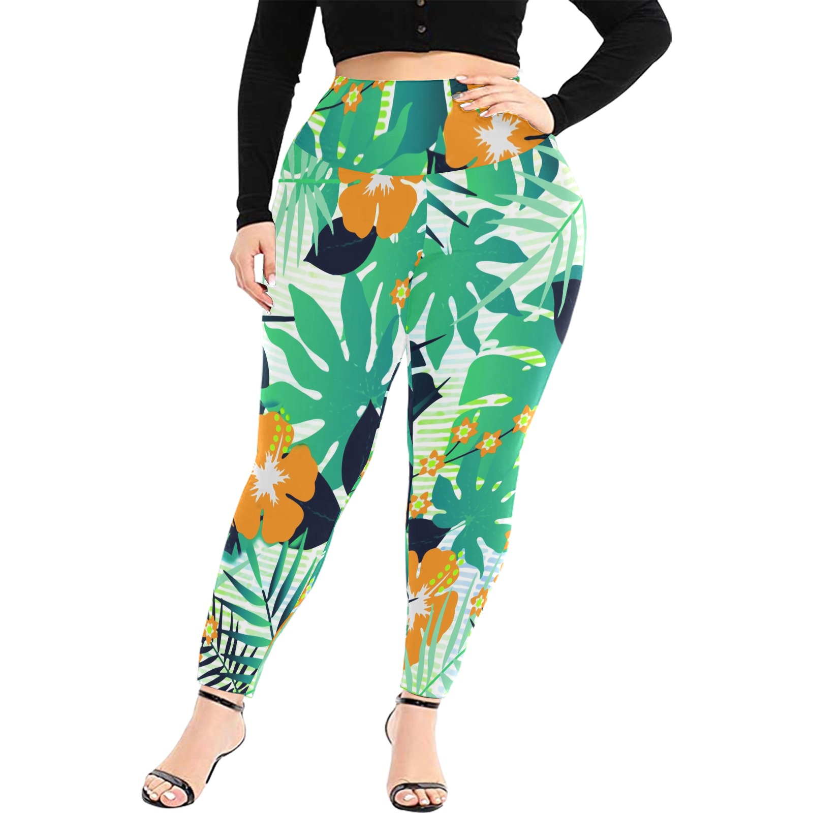 GROOVY FUNK THING FLORAL Women's Extra Plus Size High Waist Leggings (Model L45)