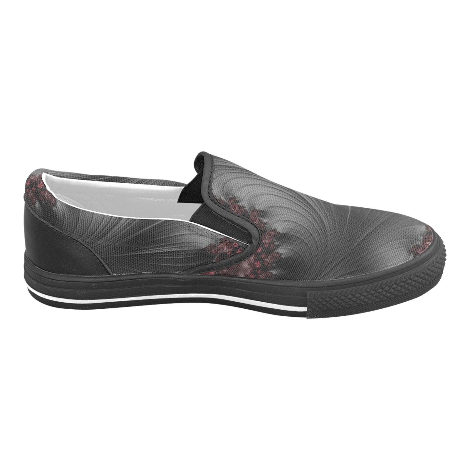 Black and Maroon Fern Fronds Fractal Abstract Men's Slip-on Canvas Shoes (Model 019)