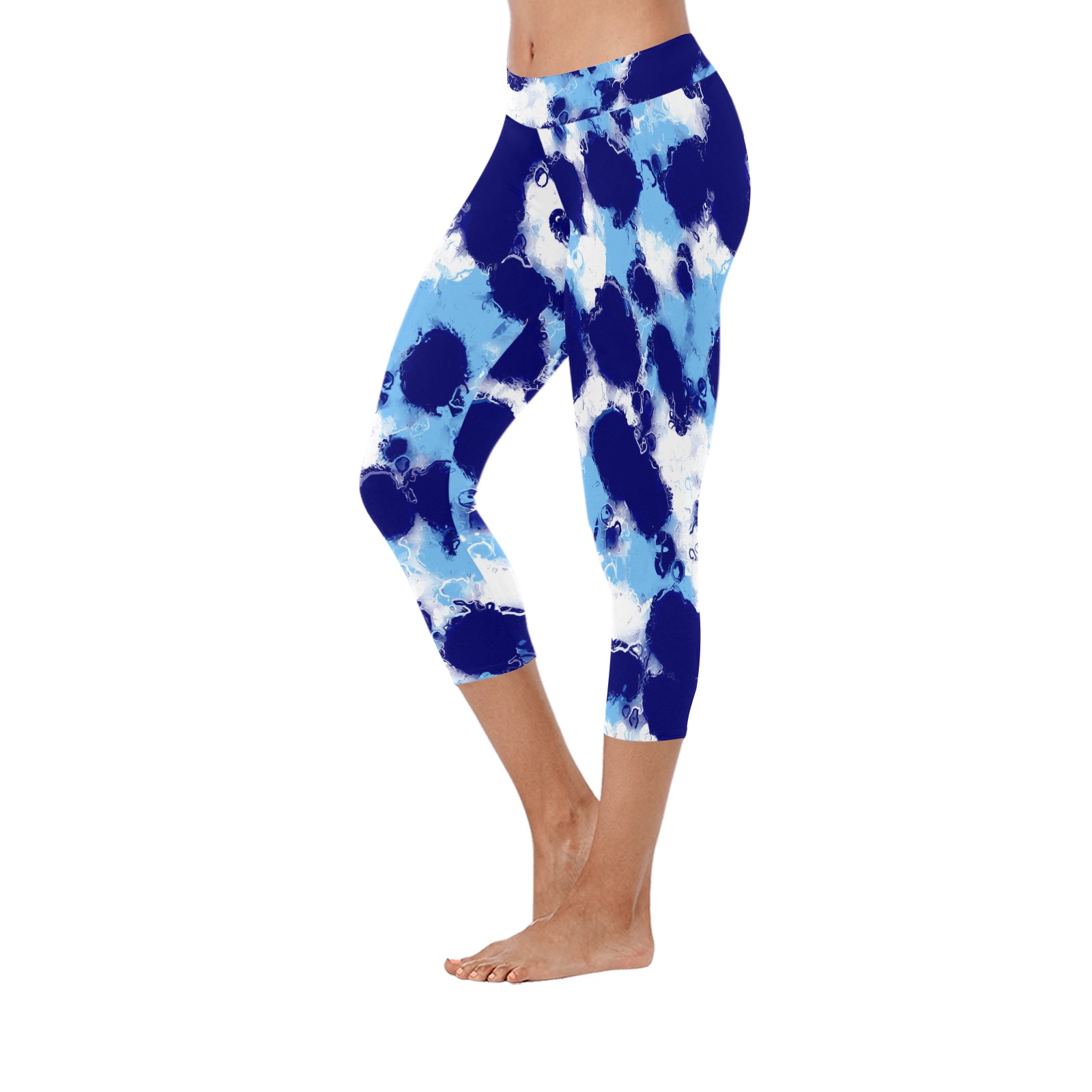 Light Blue, Navy and White Abstract Women's Low Rise Capri Leggings (Invisible Stitch) (Model L08)