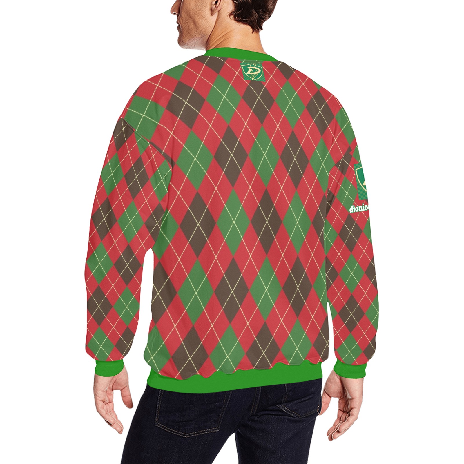 DIONIO Clothing - Red & Green Argyle Diamond Sweatshirt (Green D-Shield Logo) Men's Oversized Fleece Crew Sweatshirt (Model H18)